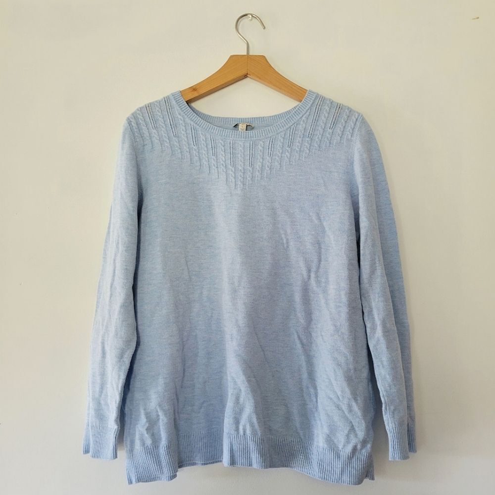 Talbots Cotton Blend Light Blue Knit Sweater Cable Yoke L